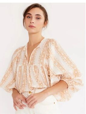 Mille Cream & Tan Striped Boho Peasant Top